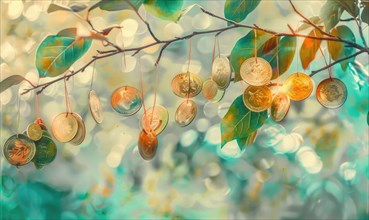 Vibrant watercolor painting of money coins hanging from branches of a tree sprout AI generated