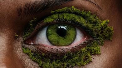 Macro close-up of a green eye with moss around the eyelids, showcasing detailed textures, earth day