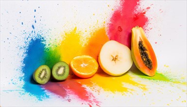 Dynamic fruit composition on a bright paint-splashed backdrop, horizontal, AI generated