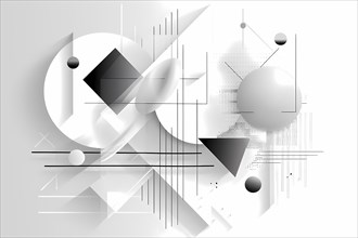 Monochrome abstract geometric composition with various shapes and textures, illustration, AI