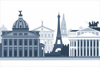 Monochromatic blue vector silhouette of iconic city landmarks and architecture, illustration, AI