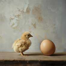 A small chick stands next to an egg on a wooden background with a light-coloured background, AI