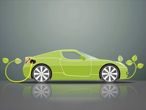 Vector illustration of a green electric coupe with leaves symbolizing clean energy, illustration,