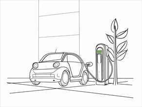 Coloring book page depicting an electric car at a charging station, illustration, AI generated