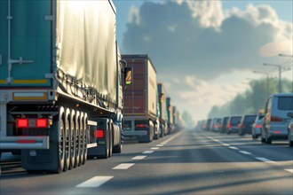 Traffic jam, congested motorway with many lorries and cars, emergency lane, AI generated