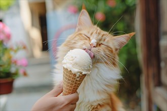 Cat being fed ice cream in cone. KI generiert, generiert, AI generated