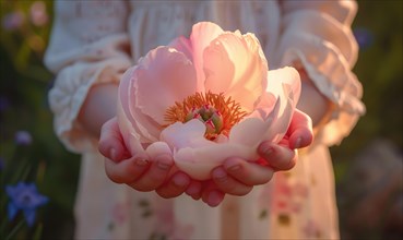 Close-up of a peony flower being held by a child in a garden AI generated
