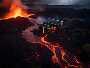Single home standing resolute as an unstoppable lava flow looms close moments before engulfment, AI