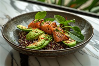 Close-up of seared salmon with avocado, quinoa, and fresh greens on a ceramic dish, AI generated