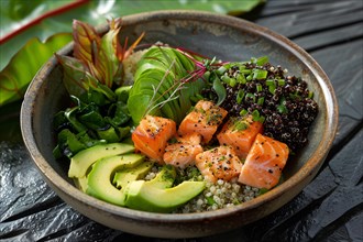 A sushi bowl with raw salmon, avocado, and black rice garnished with sesame seeds in a ceramic