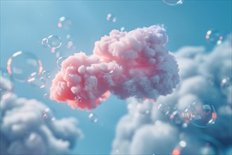 Surreal pink clouds floating among bubbles against a serene blue sky, AI generated