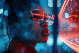 Immersive portrait of a woman with holographic glasses in a sea of neon light reflections, AI