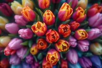 A close-up of vibrant tulips in full bloom, showcasing a fresh burst of spring colors, AI generated