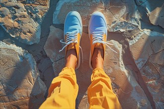 Top view of yellow shoes on a dry, cracked ground with sunlight casting shadows, AI generated