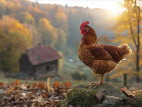 Chicken standing outdoors with autumn foliage and sunrise in the background, AI generiert, AI