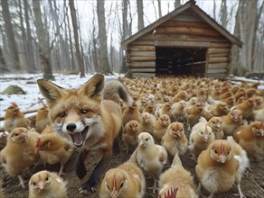 A fox surrounded by chicks in front of a farmhouse in the light snow, AI generated, AI generated