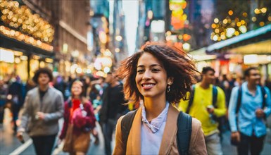 Cheerful woman with a backpack smiling as she walks through a busy city street, rush hour commuting