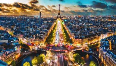 Paris and the Eiffel Tower illuminated at twilight with vibrant city lights, rush hour commuting