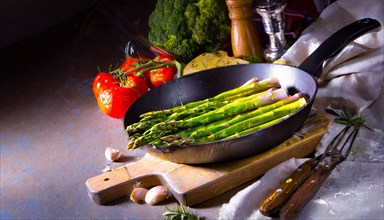 Green asparagus in a pan, staged with lighting and fresh vegetables, green asparagus, asparagus