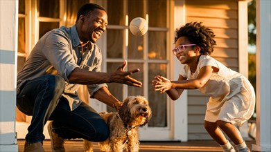 African american Man and small daughter playing with a dog on a porch during sunset, AI generated