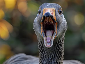 Close-up of a screaming goose with detailed feather structure and blurred background, AI generated,
