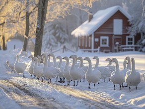 Several swans on a snow-covered path in a picturesque wintry setting, AI generated, AI generated,