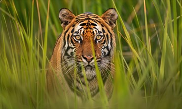 A Bengal tiger prowling through tall grass in its native habitat AI generated