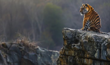 A Malayan tiger perched on a rocky ledge AI generated