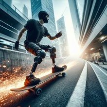 Skateboarder with a bionic leg performing a trick on a city street with dramatic sparks, AI