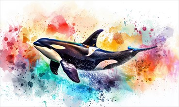 A watercolor depiction of an orca whale breaching the surface against a backdrop of vibrant ocean