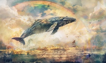 A watercolor artwork portraying a surreal scene of a whale leaping over a rainbow in a dreamlike