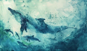 Watercolor illustration of a pod of dolphins swimming alongside a whale AI generated