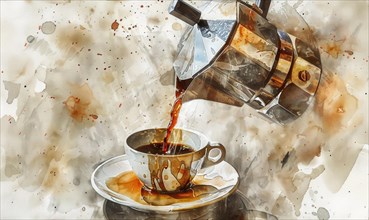 Watercolor illustration of a vintage coffee pot pouring coffee into a cup AI generated