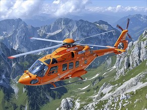Ein orange gefaerbter Rettungshubschrauber schwebt ueber den Alpengipfeln an einem sonnigen Tag,