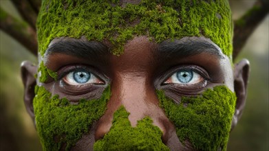 Portrait of a man with moss face paint staring intensely at the viewer, moss growing and thriving,