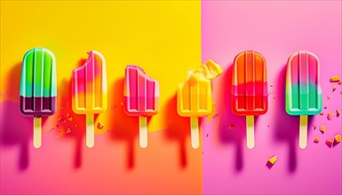 Colorful popsicles against a gradient yellow and pink background, some melting, horizontal, AI