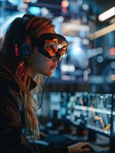 A focused woman interacts with futuristic technology wearing a gaming headset, AI generated