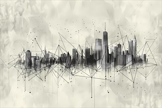 Abstract monochrome city skyline connected by geometric lines and dots, giving a minimalist, modern