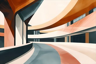 Futuristic architectural structure with sweeping curves and warm color tones, illustration, AI