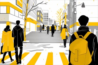 Stylized urban illustration of pedestrians in a city with a yellow color scheme, illustration, AI