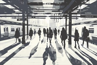 Silhouettes of commuters in a busy urban train station, illustration, AI generated