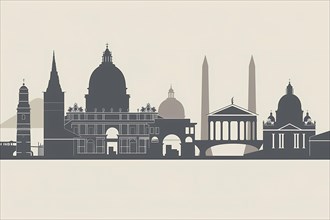 Silhouette of famous landmarks against a beige monochromatic background, illustration, AI generated