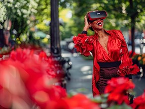 A joyful individual wearing a VR headset is surrounded by vivid flowers on a lively street, AI