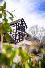 Half-timbered house with a blue sky in the background, foreground blurred, Calw, Black Forest,