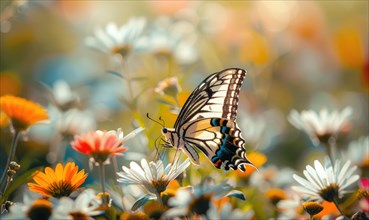 Butterfly amidst wildflowers, closeup view, selective focus, spring nature AI generated