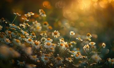 Chamomile plant growing in a garden, spring nature background AI generated
