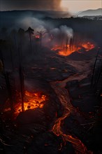 Lava destroying charred tree skeletons in a smoke filled landscape remnants of a forest fire