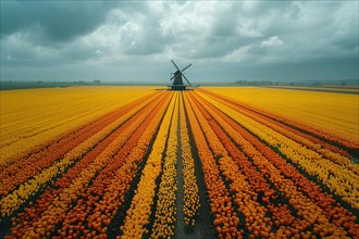 Dramatic sky over a symmetrical orange and yellow tulip field with windmill, AI generated