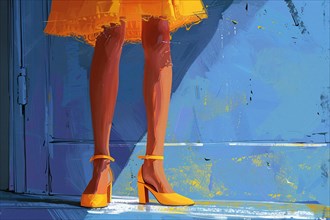 Dynamic illustration of a woman in a yellow dress and orange high heels against a blue background,