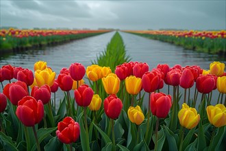 Tulip rows adjacent to a water canal under a cloudy sky, AI generated